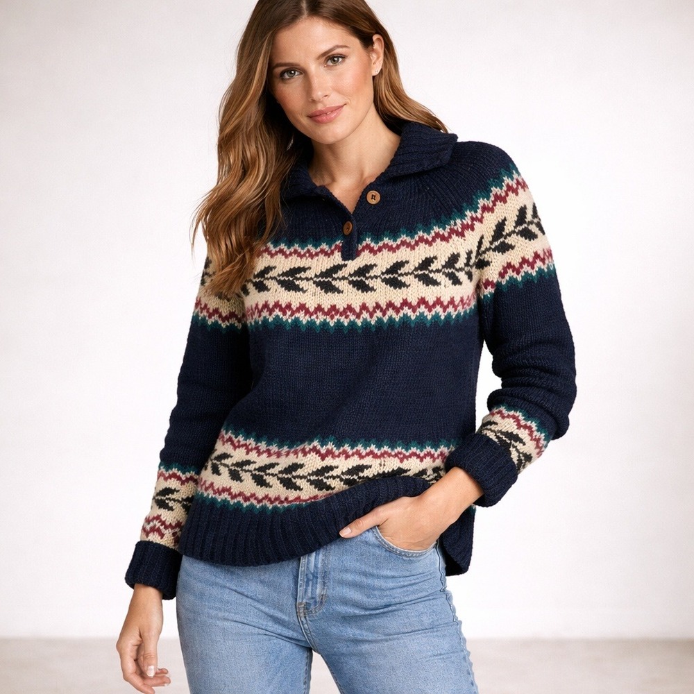 Vintage Fair Isle Navy Blue Sweater Knit Button Collar Nordic‎ Geometric Large